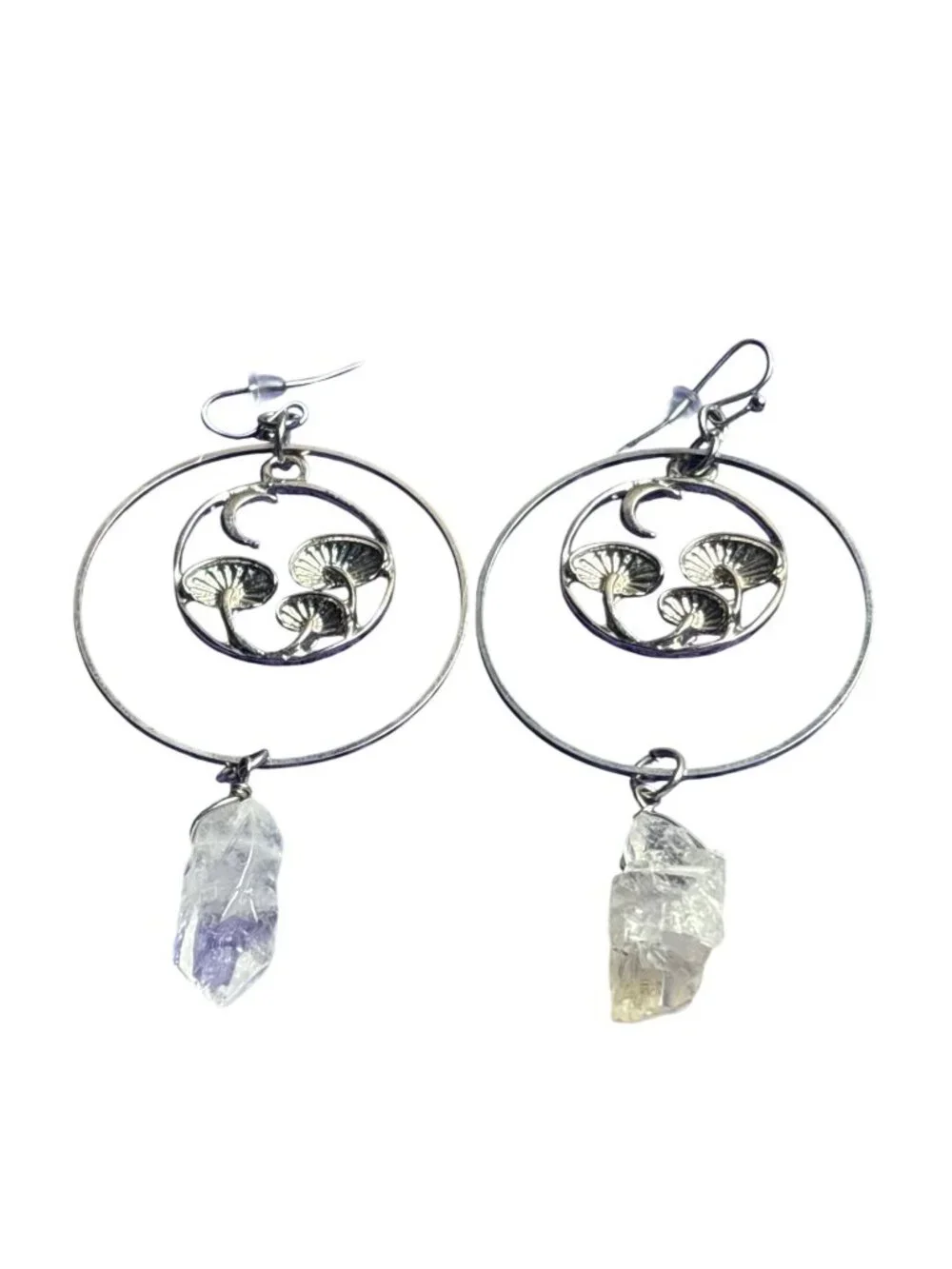 Celestial Boho Silvertone Circle Dangle Earrings Mushrooms Crescent Moon Quartz